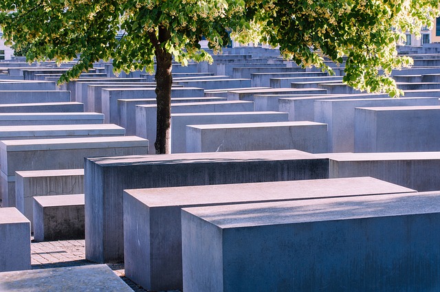 Viele Betonquader unter Baum erinnern an einen Friedhof