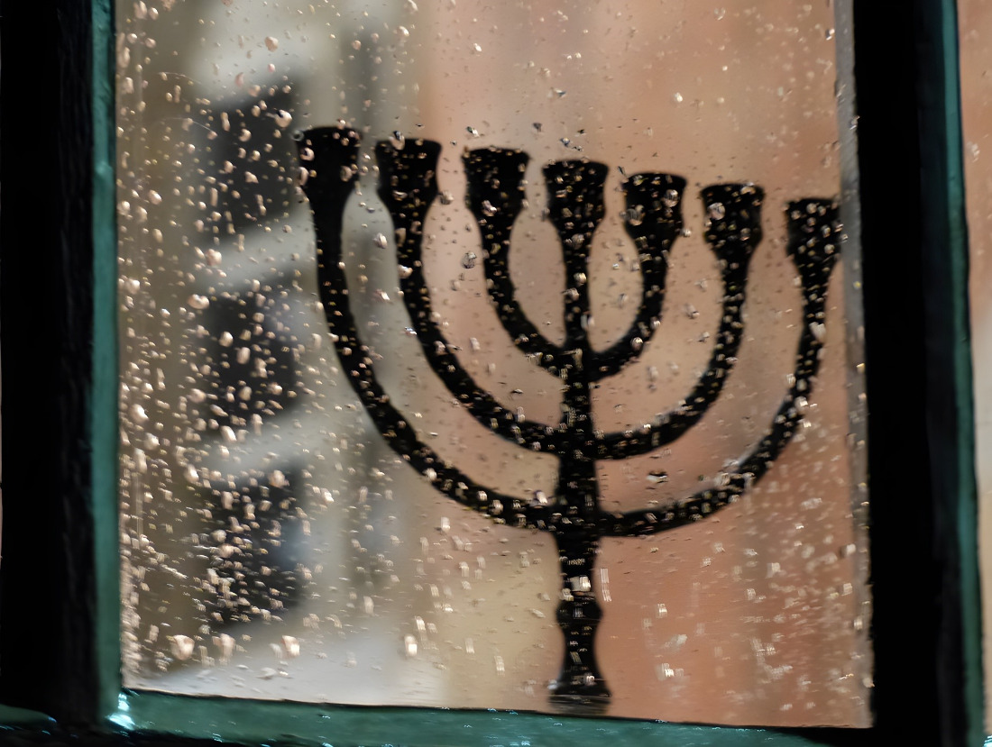 Blick durch ein Synagogenfenster in den Innenraum